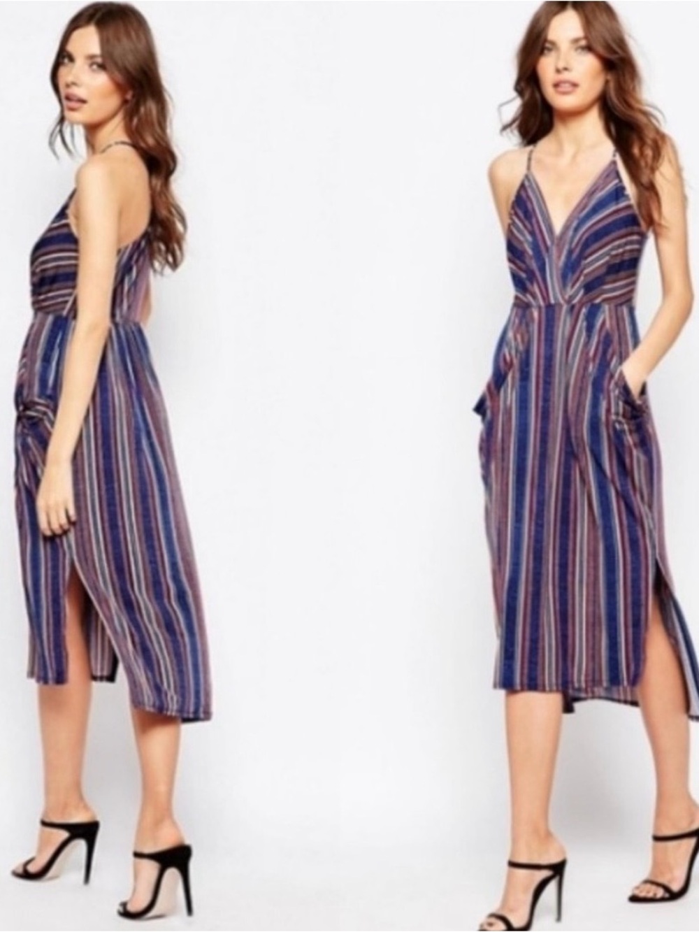 BCBGeneration  Dress Size S Wrap Front Halter Stripe Pockets Side Slits